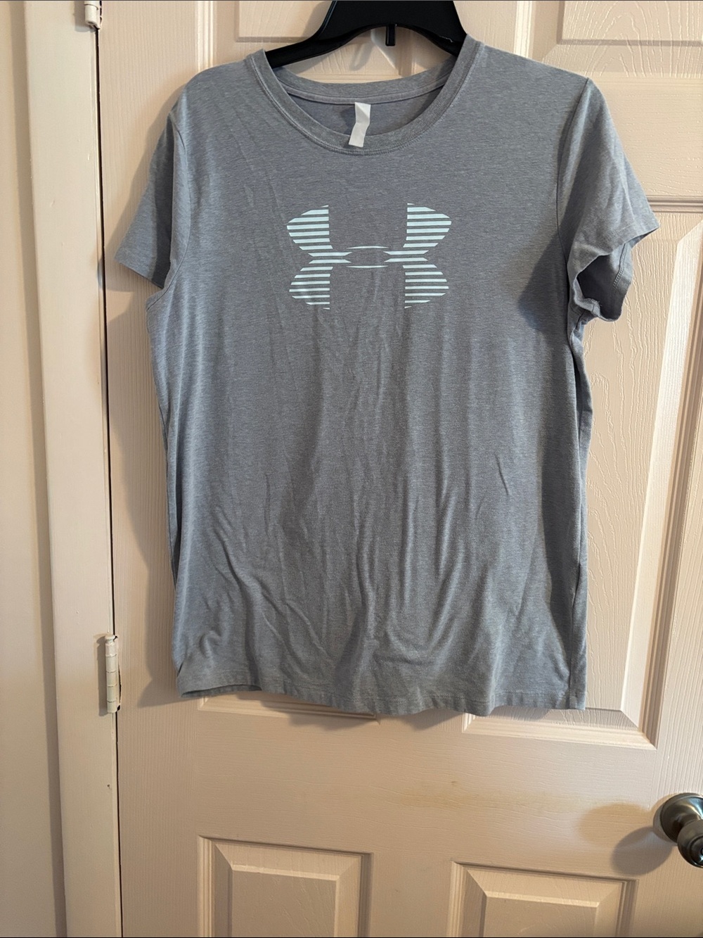 Under Armour Light Gray Tee with Striped Aqua Logo